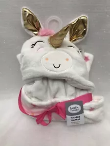 Luvable Friends Unicorn Hooded Baby Blanket 28x40 White Pink Stars Girls NEW - Picture 1 of 13