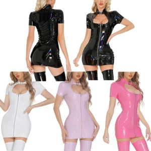 Women Shiny PVC Leather Wet Look Short Sleeve Mini Zipper Dress Bodycon Clubwear - Picture 1 of 35