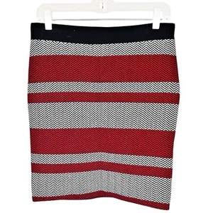 Elle Knit Pencil Skirt Medium Red White Black Stripe Herringbone Mod Retro Stret - Picture 1 of 5