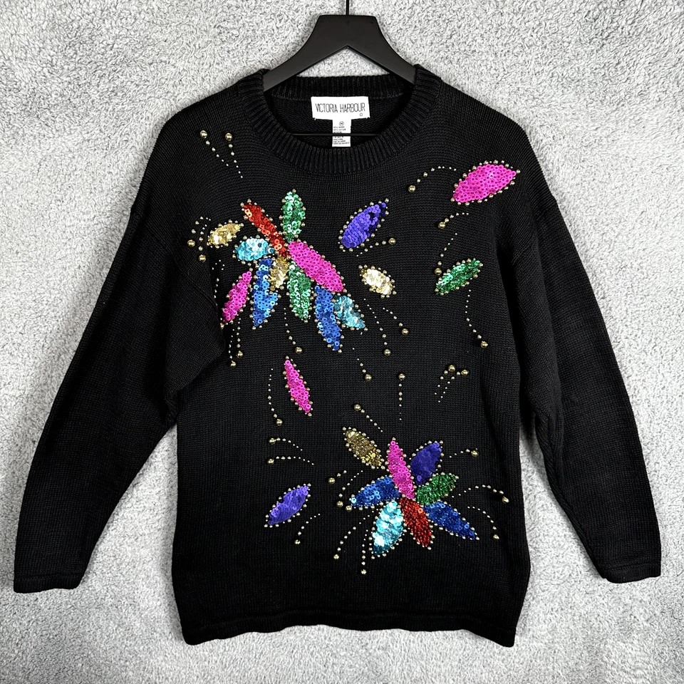 Suéter Vintage Navidad Tejido Pesado Para Mujer Mediano Años 90 Lentejuelas Floral Foto 1 de 4