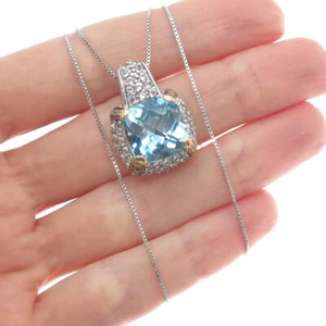 925 Sterling 2-Tone Real Diamond Blue & White Topaz Box Chain Necklace 18" - Picture 1 of 9