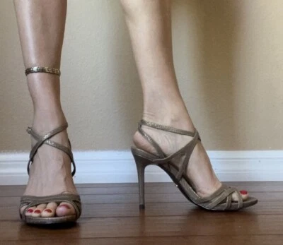 LAUREN RALPH LAUREN Copper Snake Leather Heels Sandals Straps Talulla 8.5 B - Image 1 of 4