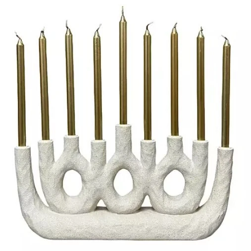 BRAND NEW Menorah 9-Branch Gold Candles Hanukkah White Resin Candelabrum Wedding - Image 1 of 1