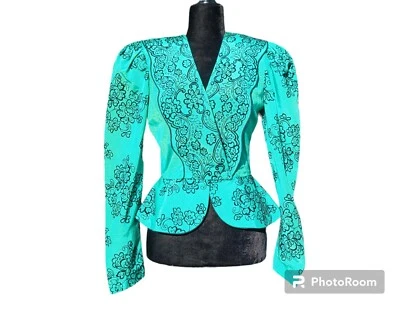 Chaqueta Blazer Top Vintage Peplum Turquesa Floral David Howard California Años 80 Foto 1 de 4
