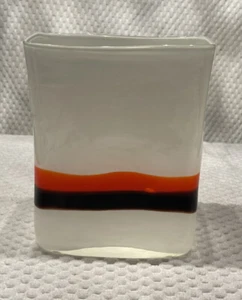 VINTAGE MCM BLOWN GLASS ART, VASE 2005 ORANGE BROWN WHITE 7.75” - Picture 1 of 10