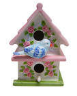 Vintage niebieski domek dla ptaków Seymour Mann w kolorze różowym, białym i zielonym 6,5 x4,5 x4,5"