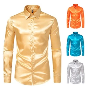 Men Satin Business Shirt Faux Silk Long Sleeve Top Button Shiny Blouse Club Chic - Picture 1 of 28