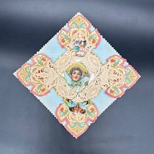 Antique 1900 Victorian Die Cut Paper Lace Card Children Butterfly Vintage Blue - Picture 1 of 10