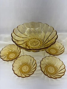 Hazel Atlas Amber Glass Swirl Bowls Vintage 1960's 5 Pieces Serving Dessert - Picture 1 of 10