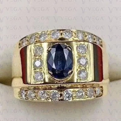 5.50Ct Oval Cut Natural Sapphire & Diamond Men's Ring 18k Yellow Gold Plated - Image 1 of 4