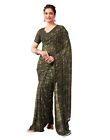 Women's Stylish Dark Green Georgette floral Print Saree With Unstitched Blouse