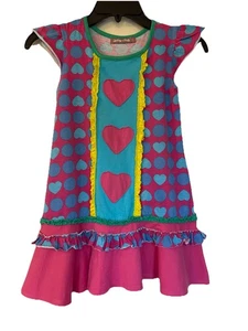 Jelly The Pug Three of Hearts Short Slv Dress Girls Size 6, Hot Pink & Blue EUC - Picture 1 of 8