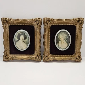 Vtg Cameo Creations Velvet Convex Framed Lady Portraits Heavy Ornate Frames 2pc - Picture 1 of 16