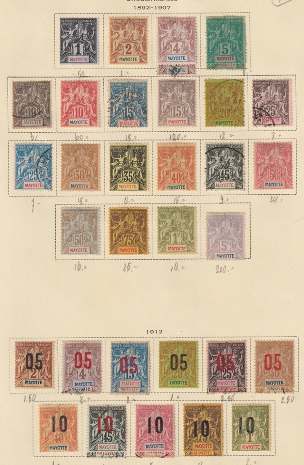 French Mayotte 1892 collection of 39 stamps / CAT VALUE $700 - Image 1 of 1