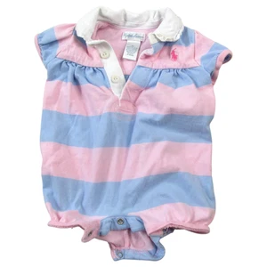 Ralph Lauren One Piece Polo Bodysuit Baby Girls 3M Pink Blue Stripe Short Sleeve - Picture 1 of 3