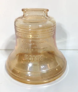 Vintage 1976 Bicentennial Anchor Hocking Glass Liberty Bell Piggy Bank Amber 4x4 - Picture 1 of 7