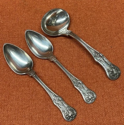 Antq American R&W Wilson Coin Silver King Shell Pattern Laddle & 2 Spoons Mono - Image 1 of 4