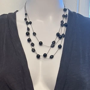 Vintage Halskette 3 Lagen Schwarz Perlenkette - Bild 1 von 6