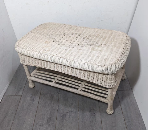 Vintage Shabby Boho Chic Wicker Rattan 2-Tier Coffee Table - Off White Bohemian Cover
