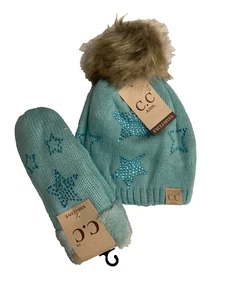 C.C Kids Mint beanie with Matching Mittens rhinestone stars pattern - Picture 1 of 1