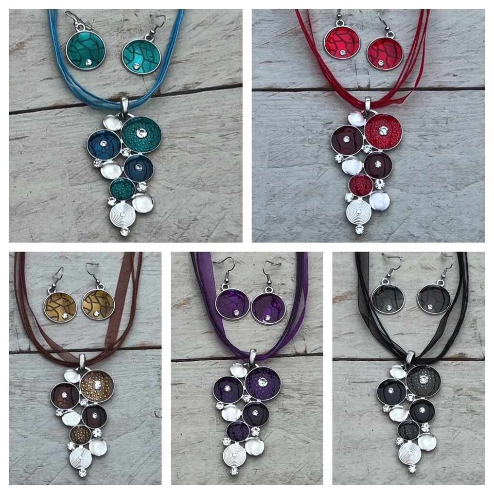 Schmuck Set, Halskette + Ohrhänger, runder Ornamente, Strass, Farbwahl NEU - Bild 1 von 1