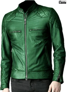Men's Green David Beckham Classic Bomber Diamond Biker Genuine Leather Jacket - Picture 1 of 10
