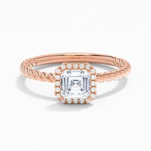 Asscher & Round 0.85TCW Lab Grown Diamond Women Rope Shank Ring In 10K Rose Gold - Picture 1 of 7