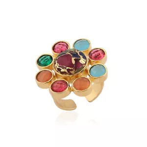 Copper Turquoise Gemstone Jewelry Hammered Texture Gold Band Round Shape Ring - Picture 1 of 5