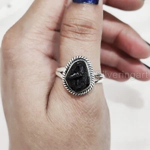 NATURAL BLACK TOURMALINE BIRTHSTONE 925 STERLING SILVER BOHEMIAN WOMENS RING - Picture 1 of 5