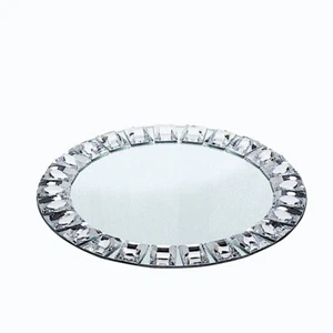 2 Silver 13" Round Mirror Glass Charger Plates with Crystal Rim Wedding Supplies - Picture 1 of 7