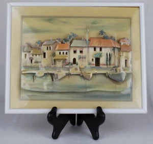 Jim Wilson Framed Hanging Wall Art Decor - 3-D Waterfront Houses & Boat Docks  - Picture 1 of 4