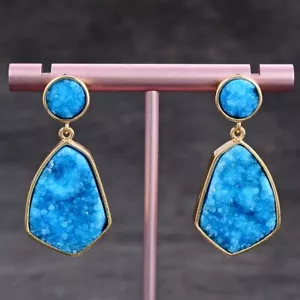 Blue Quartz Druzy Crystal Agate Gold Plated Dangle Stud Earrings For Women - Imagen 1 de 6