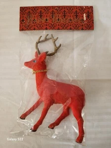 Vintage Neu in Verpackung roter beflockter Hirsch Made in Hong Kong Weihnachtsdeko - Bild 1 von 13