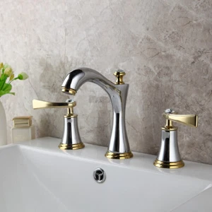 Set rubinetto lavandino vasca bagno 3 fori ottone cromato montato sul ponte rubinetto miscelatore 2 maniglie - Foto 1 di 12