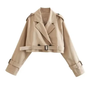 Vintage Belted Cropped Trench Coat – Women's Double-Breasted Spring Jacket - Picture 1 of 2