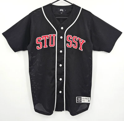 Camiseta de béisbol Stussy International Stitch Spell Out de malla negra roja para hombre pequeña Foto 1 de 4