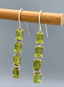 Emerald Cut Peridot Dangle Earrings: Handmade 925 Sterling Silver - Picture 1 of 9