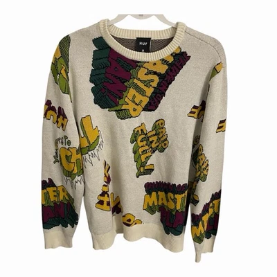 Suéter HUF Para Hombres Mediano Crema Pagado En Frío Completo Pullover Cuello Redondo KN00427 Foto 1 de 4