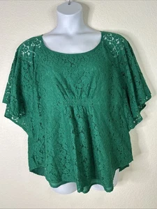 Elle Womens Plus Size 1X Green Floral Lace Scoop Neck Top Short Sleeve - Picture 1 of 7
