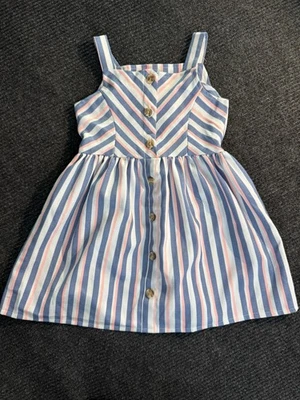 Little Lass 4T White Pink and Blue Stripes Button Down Sun Dress - Image 1 of 4