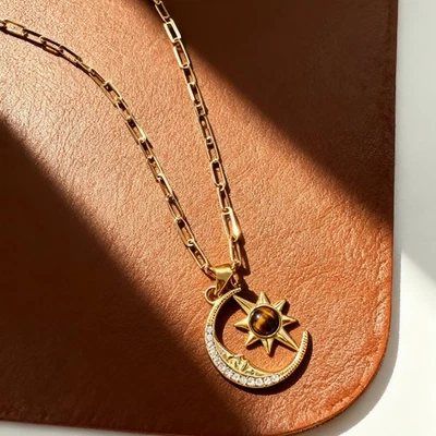 Tiger Eye Moon & Star Necklace: Gold Celestial Pendant - Image 1 of 4