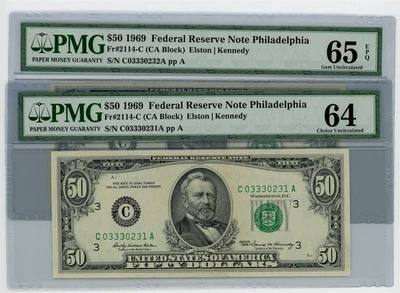 Fr. 2114-C $50 1969 Federal Reserve Note 2 Consecutive 64-65EPQ PMG DC-2597 - Image 1 of 3