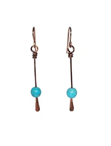 Handmade Copper Stick Dangle Drop Boho Earrings with Blue Magnesite Beads - Picture 1 of 10
