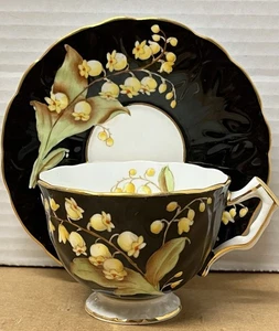 Aynsley Lily of the Valley Teacup & Saucer Black Bone China #765788 England Rare - Picture 1 of 17