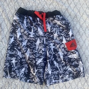 Adidas Boys Swim Suit Trunks Shorts Sz L  Black White Red With Shark Prints - Picture 1 of 8