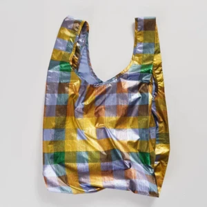 Nuevo con etiquetas Baggu Estándar Madrás Bolso de Mano Metálico, Dorado Púrpura Cheque Reutilizable Compras - Imagen 1 de 4