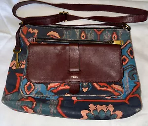 Fossil Crossbody bag Canvas Leather Boho Southwestern Rustic Art Deco Aztec Key - Picture 1 of 16