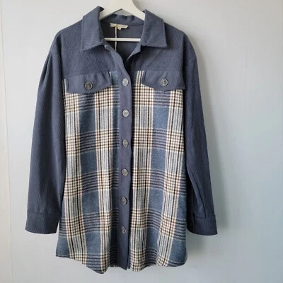 mystree women's shacket size S plaid corduroy button down blue - Image 1 of 4