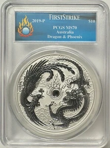 2019-P Australia 10oz Silver Dragon & Phoenix PCGS MS-70 FS - Picture 1 of 5