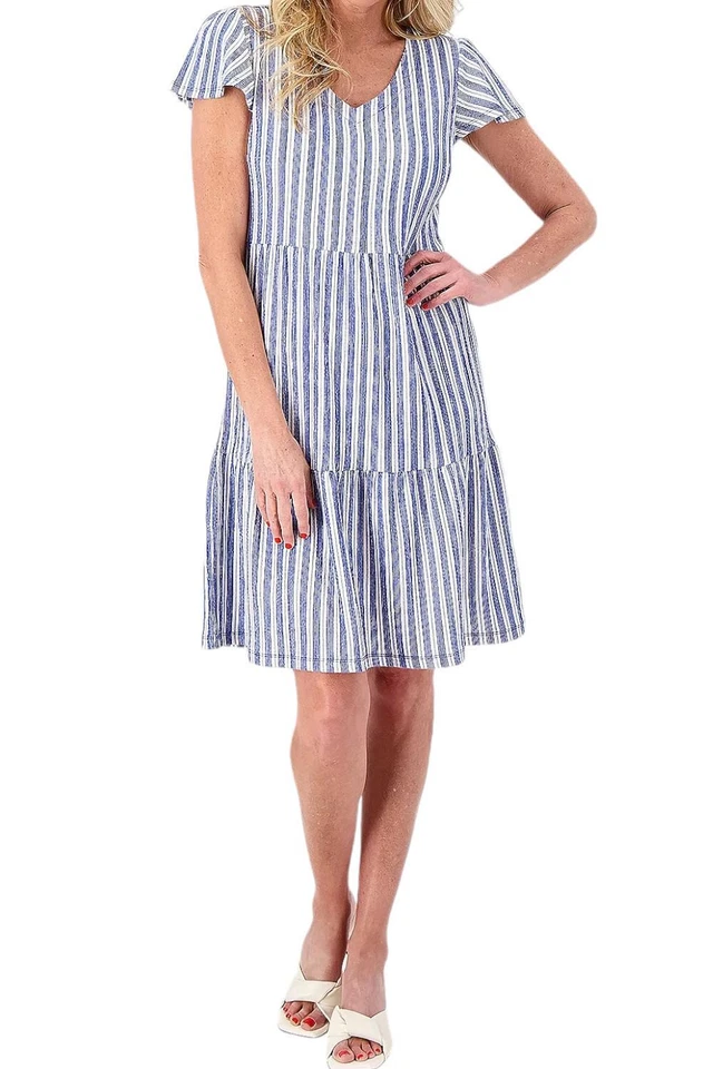 Isaac Mizrahi Live! Vestido con cuello en V en capas azul marino a rayas Foto 1 de 1